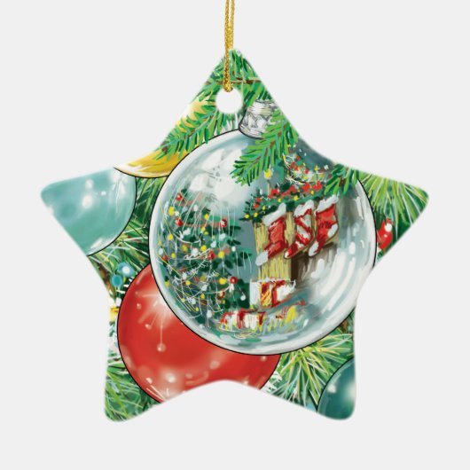 家族のクリスマスツリーの反射の絵画 セラミックオーナメント (正面)