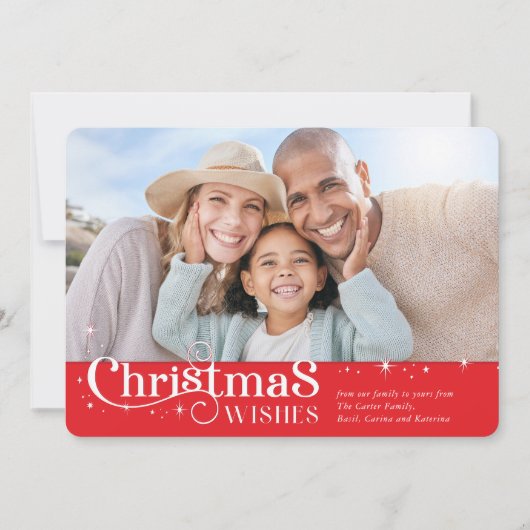 家族のクリスマスフォトスタイリッシュタイポグラフィ赤 シーズンカード (正面)