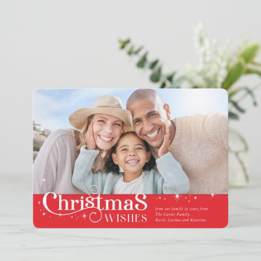 家族のクリスマスフォトスタイリッシュタイポグラフィ赤 シーズンカード (スタンド正面)
