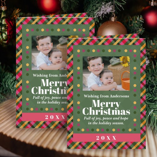 家族のクリスマス　チェック柄の写真　ホリデー ポストカード