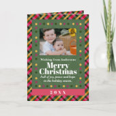 家族のクリスマス　チェック柄の写真　ホリデー ポストカード (正面)