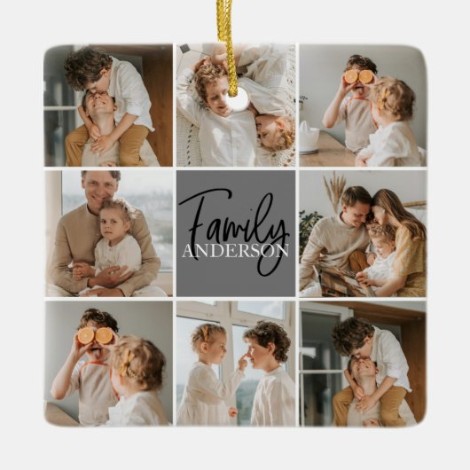 家族のコラージュ写真とグパーソナライズされたレーギフト セラミックオーナメント (正面)