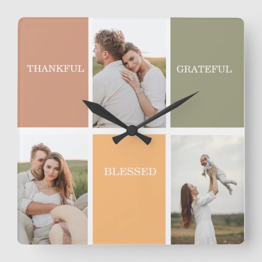 家族のコラージュ写真 |感謝賛美感謝 スクエア壁時計 (正面)