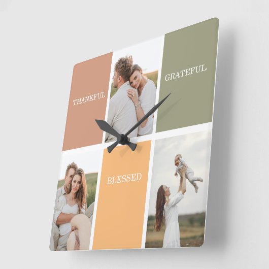 家族のコラージュ写真 |感謝賛美感謝 スクエア壁時計 (傾斜)