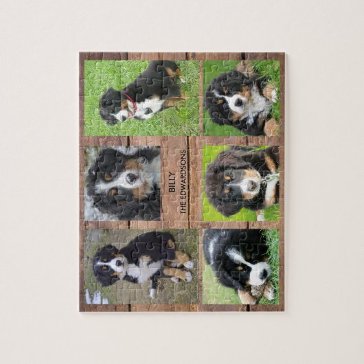 家族のコラージュ6枚の写真の犬と家族の名前 ジグソーパズル (縦)