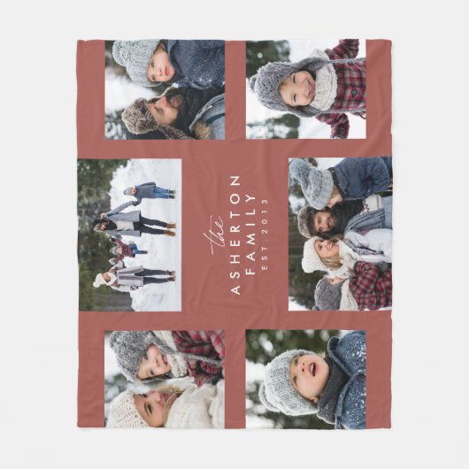家族のコラージュ6枚の写真シンプルのモダンテラコッタ フリースブランケット (正面)