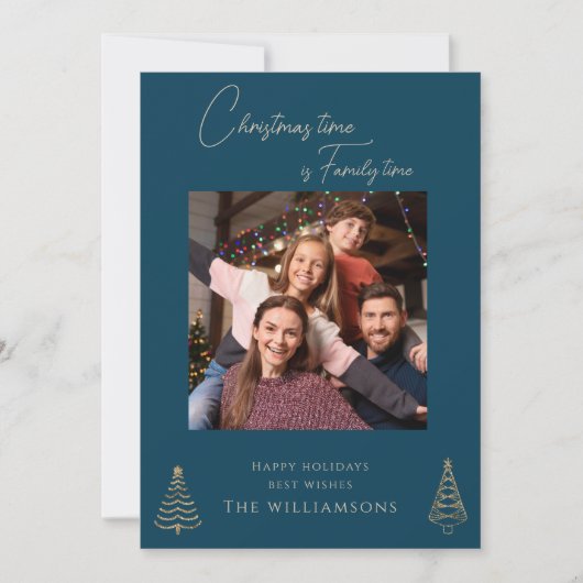 家族のシンプル写真の青いクリスマス シーズンカード (正面)