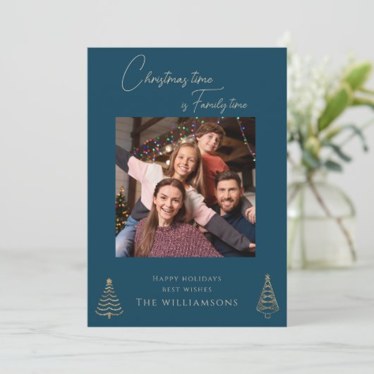 家族のシンプル写真の青いクリスマス シーズンカード (スタンド正面)