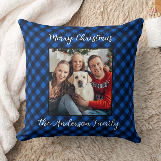 家族のパーソナライズされたクリスマスフォトブループレイド クッション (ブランケット)