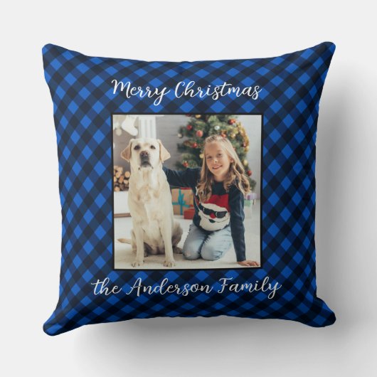 家族のパーソナライズされたクリスマスフォトブループレイド クッション (裏面)