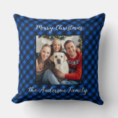 家族のパーソナライズされたクリスマスフォトブループレイド クッション (正面)