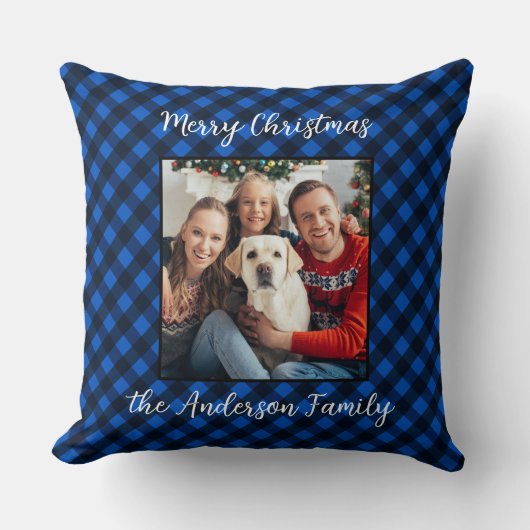 家族のパーソナライズされたクリスマスフォトブループレイド クッション (正面)