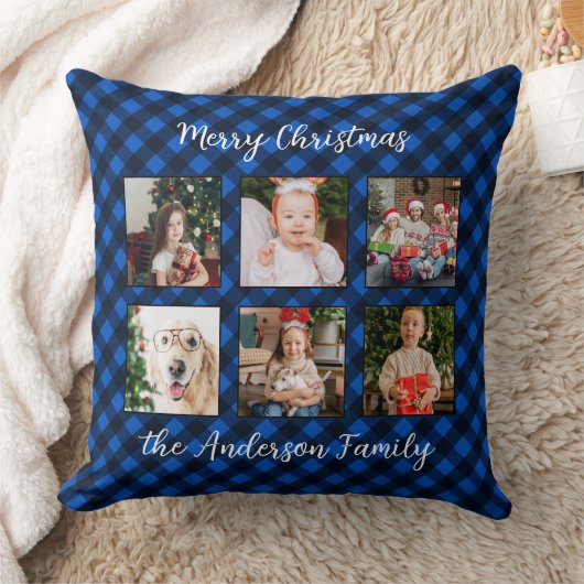 家族のパーソナライズされたクリスマス写真コラージプレイド クッション (ブランケット)