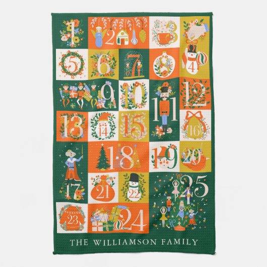 家族のパーソナライズされた到来カレンダーのクリスマスアート キッチンタオル (縦)