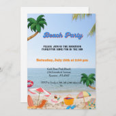 家族のビーチパーティー、夏のパーティーでビーチ 招待状 (正面/裏面)