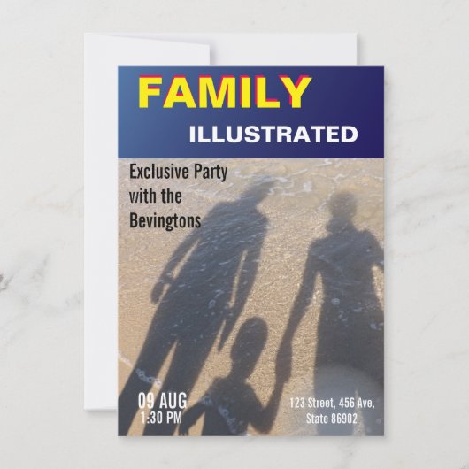 家族のビーチパーティ フェイクニュース ファッション雑誌の表紙 招待状 (正面)
