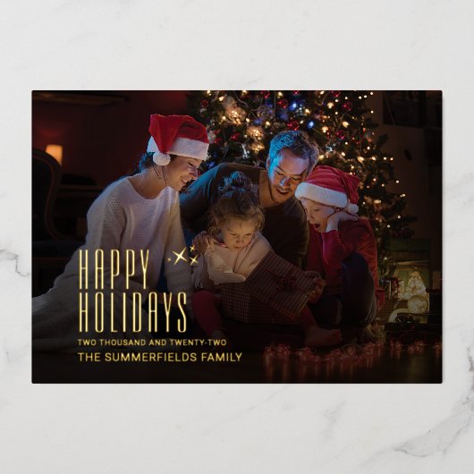 家族のモダン休日フォトクリスマス金ゴールド 箔シーズンカード (正面)
