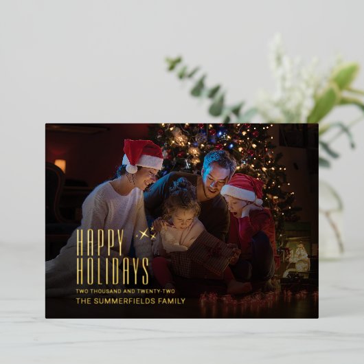 家族のモダン休日フォトクリスマス金ゴールド 箔シーズンカード (立ち正面)