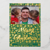 家族のモダン写真クリスマスの雪の緑 箔シーズンカード (正面)