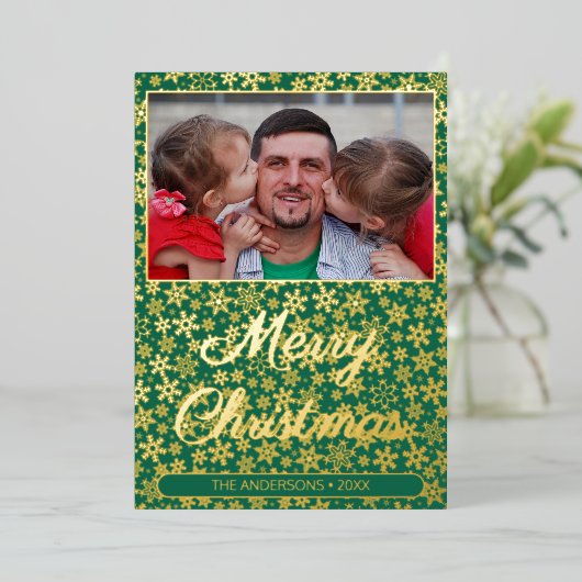 家族のモダン写真クリスマスの雪の緑 箔シーズンカード (立ち正面)