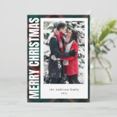 家族のモダン写真グリーンと赤の格子模様クリスマス シーズンカード (スタンド正面)