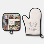 家族のモノグラム名数々の写真コラージュ白 鍋つかみ&鍋敷きセット (正面)