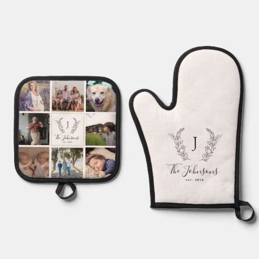 家族のモノグラム名数々の写真コラージュ白 鍋つかみ&鍋敷きセット (正面)