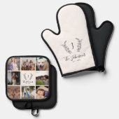 家族のモノグラム名数々の写真コラージュ白 鍋つかみ&鍋敷きセット (正面/裏面)