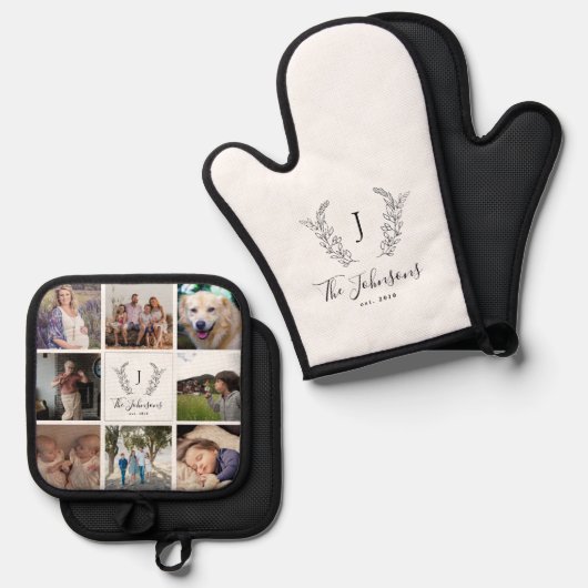 家族のモノグラム名数々の写真コラージュ白 鍋つかみ&鍋敷きセット (正面/裏面)