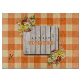 家族のモノグラム名rustic wood orange gingham カッティングボード