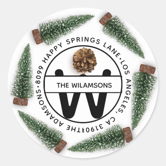 家族の住所RSVPモノグラムホワイトクリスマスツリー ラウンドシール (正面)