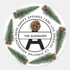 家族の住所RSVPモノグラムホワイトクリスマスツリー ラウンドシール