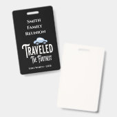 家族の再会賞 最も遠くから車で来た人 バッジ (Front & Back)