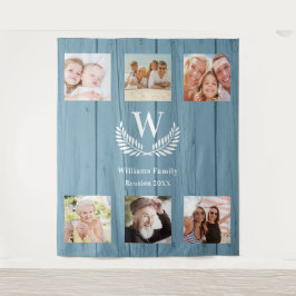 家族の再会 カスタム フォト コラージュ モノグラム 青 タペストリー