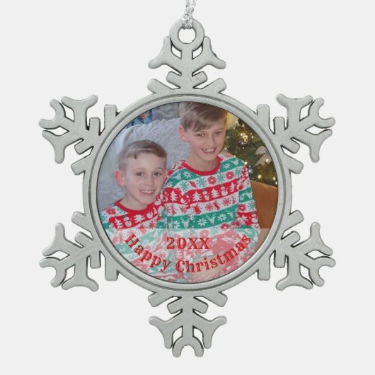 家族の写パーソナライズされた真 スノーフレークピューターオーナメント (正面)