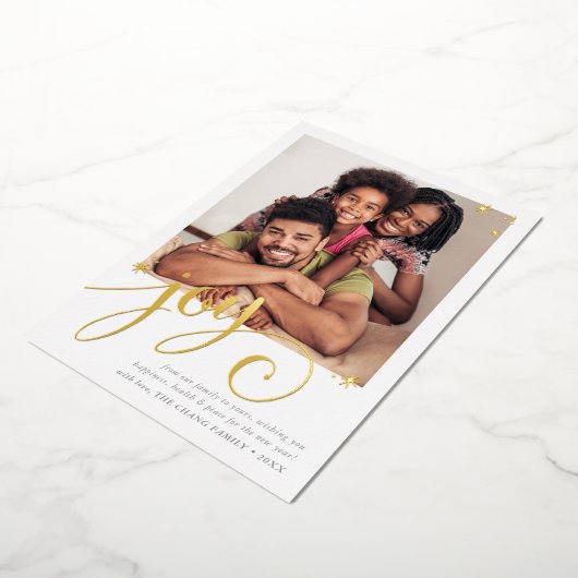 家族の写真おもしろいエレガント書JOY金ゴールド背 箔シーズンカード (回転した状態)
