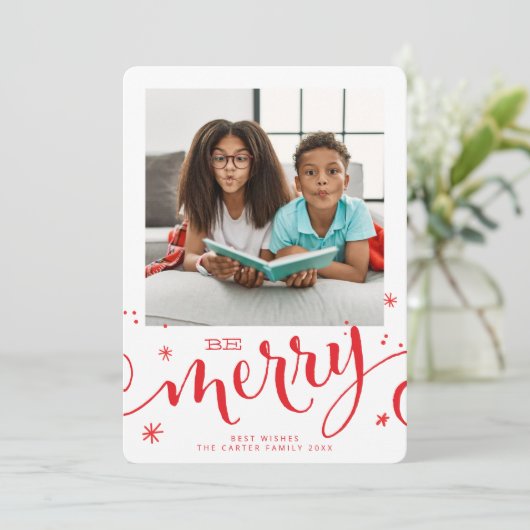 家族の写真おもしろい子供モダン書メリー赤 案内状 (スタンド正面)