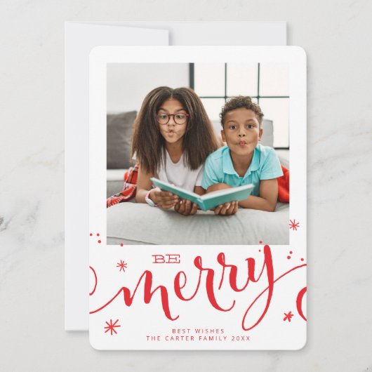 家族の写真おもしろい子供モダン書メリー赤 案内状 (正面)