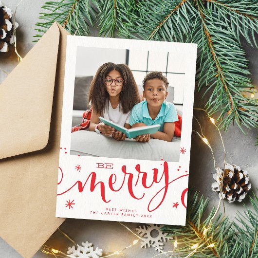 家族の写真おもしろい子供モダン書メリー赤 案内状