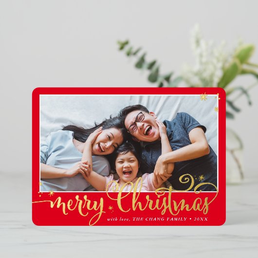 家族の写真おもしろい書メリークリスマスレッド 箔シーズンカード (立ち正面)