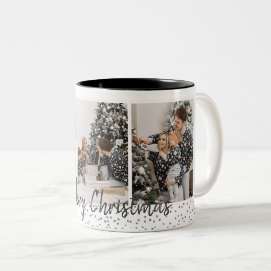 家族の写真がプリントされたクリスマス シルバー コンフェッティ マグ (正面右)