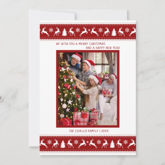 家族の写真が赤と白のサンタのトナカイ ホリデー カード (正面)