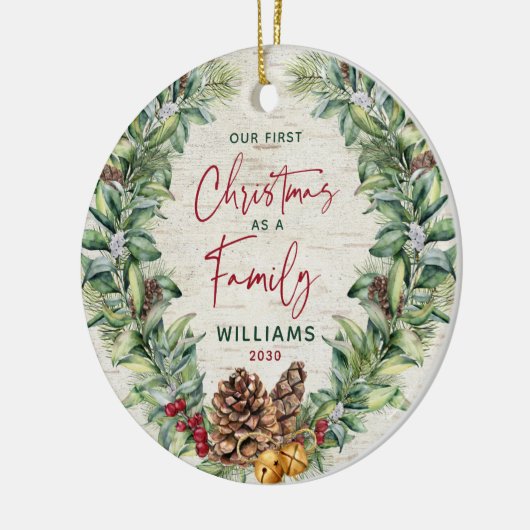 家族の写真として私たちの第1のクリスマス冬リース セラミックオーナメント (左)