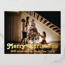 家族の写真と一緒にクリスマスを祝う 箔シーズンポストカード