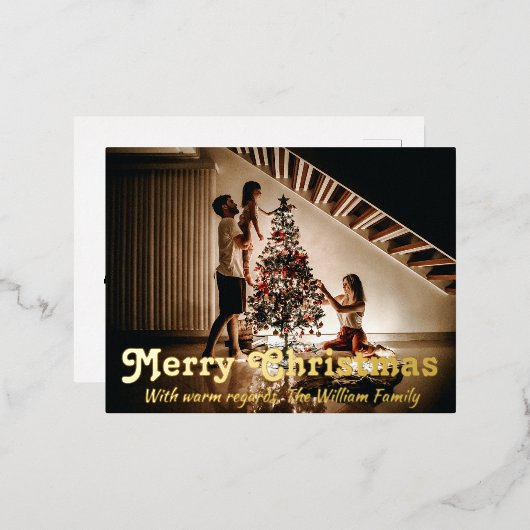 家族の写真と一緒にクリスマスを祝う 箔シーズンポストカード (正面/裏面)