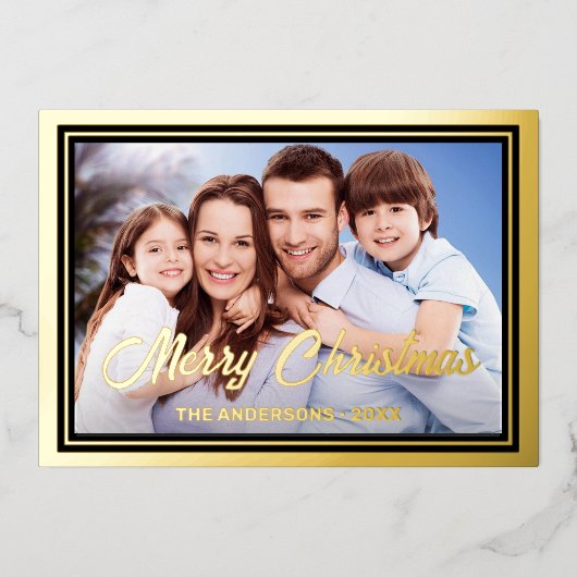 家族の写真と名前のスクリプトエレガントメリークリスマス 箔シーズンカード (正面)