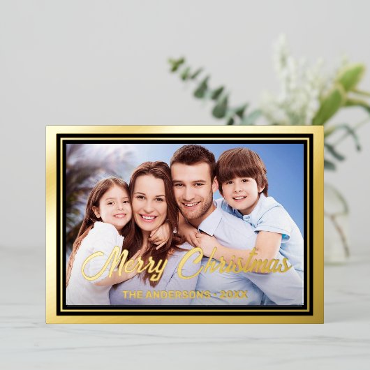 家族の写真と名前のスクリプトエレガントメリークリスマス 箔シーズンカード (立ち正面)