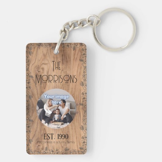家族の写真と名前 |あなたのおもしろい引用文 |素朴 | キーホルダー (裏面)