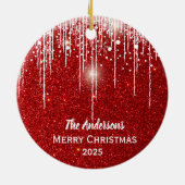 家族の写真と名前Redグリッター セラミックオーナメント (裏面)