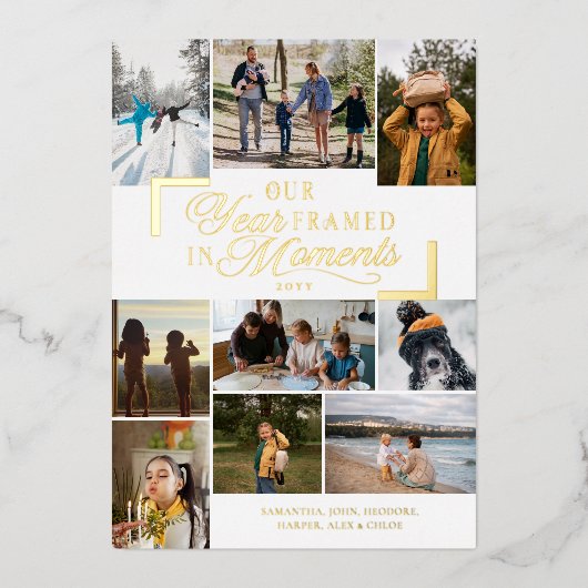 家族の写真に囲まれた年クリスマス 箔シーズンカード (正面)